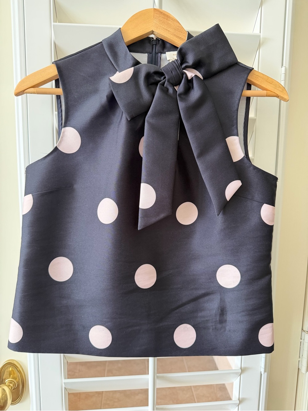 Kate Spade Black Polka Dot Bow Tie Sleeveless Top with blush pink dots